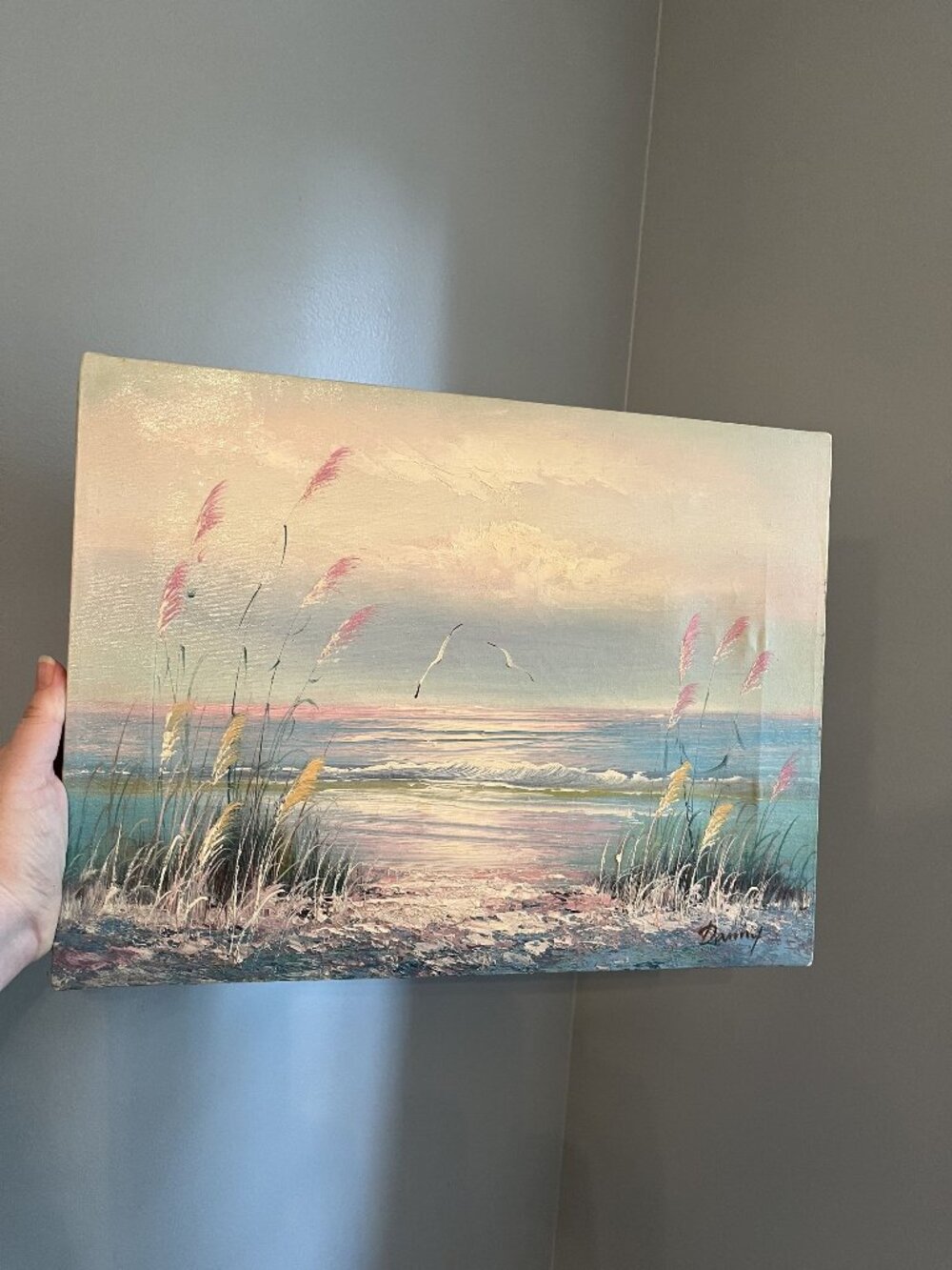 Vintage Coastal Seascape Oil Painting Signed By Artist Danny Beach Scene With Gr